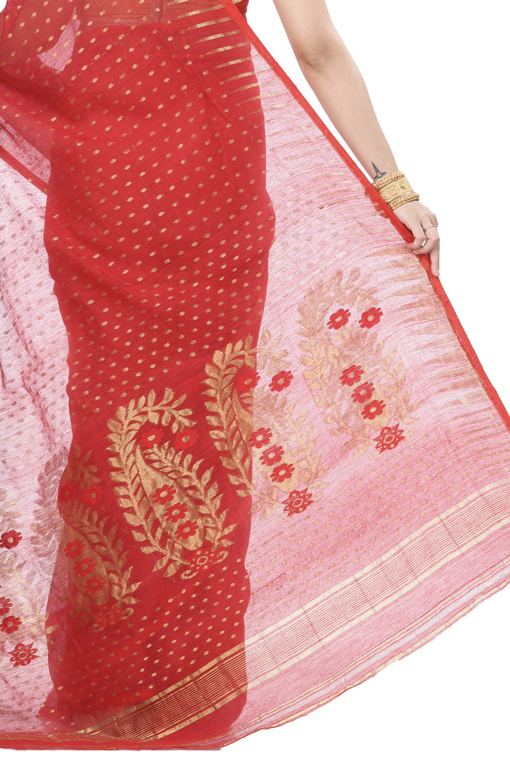 Red Blended Cotton New HALF  JAMDINE Jamdani Saree (527)